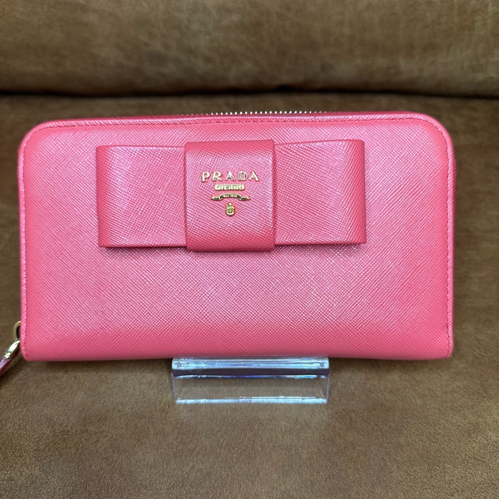 PRADA Fragola Saffiano Fiocco Zip Around Long Wallet